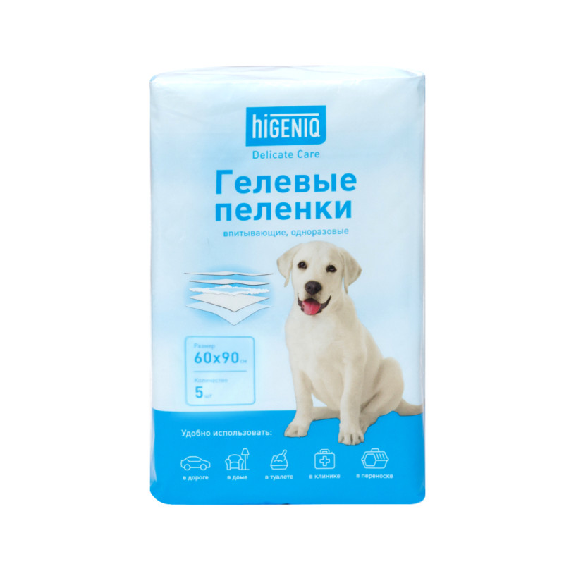 Higeniq Пеленки впитывающие гелевые для собак, 60х90 см, 5 шт.