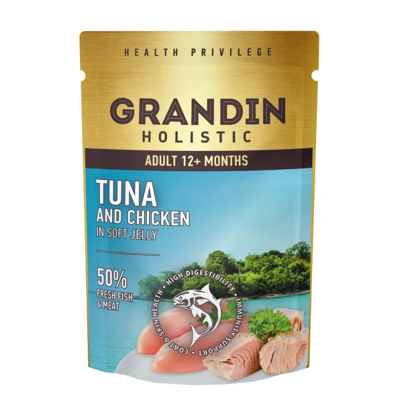 Grandin Влажный корм для взрослых кошек, тунец с курицей в нежном желе, 85 гр.