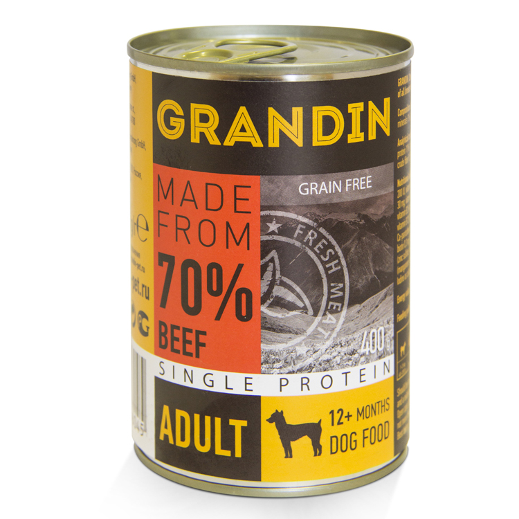 Grandin Adult Влажный корм (консервы) для взрослых собак всех пород, с говядиной и льняным маслом, 400 гр.