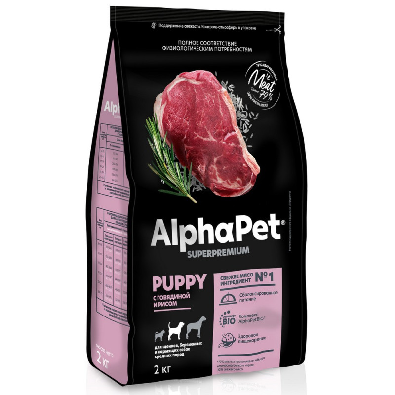 AlphaPet Сухой корм для щенков средних пород с говядиной и рисом, 2 кг