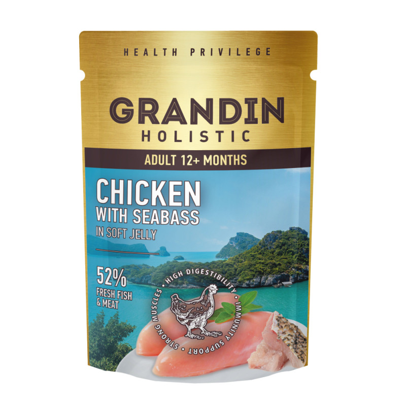 Grandin Влажный корм для взрослых кошек, курица с морским окунем в нежном желе, 85 гр.