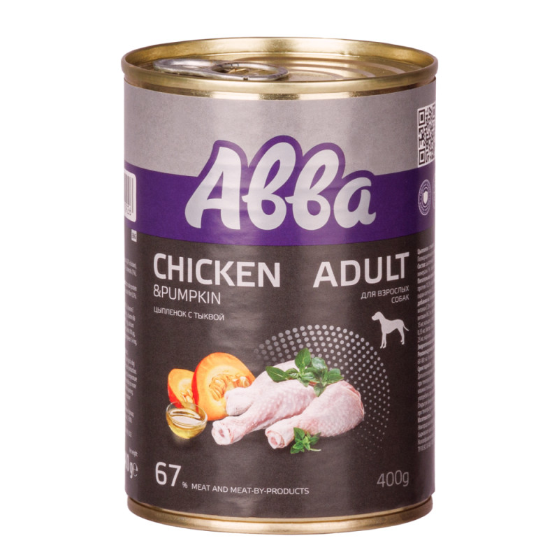 Aвва Adult Консервы для собак всех пород, с цыпленком и тыквой, 400 гр.