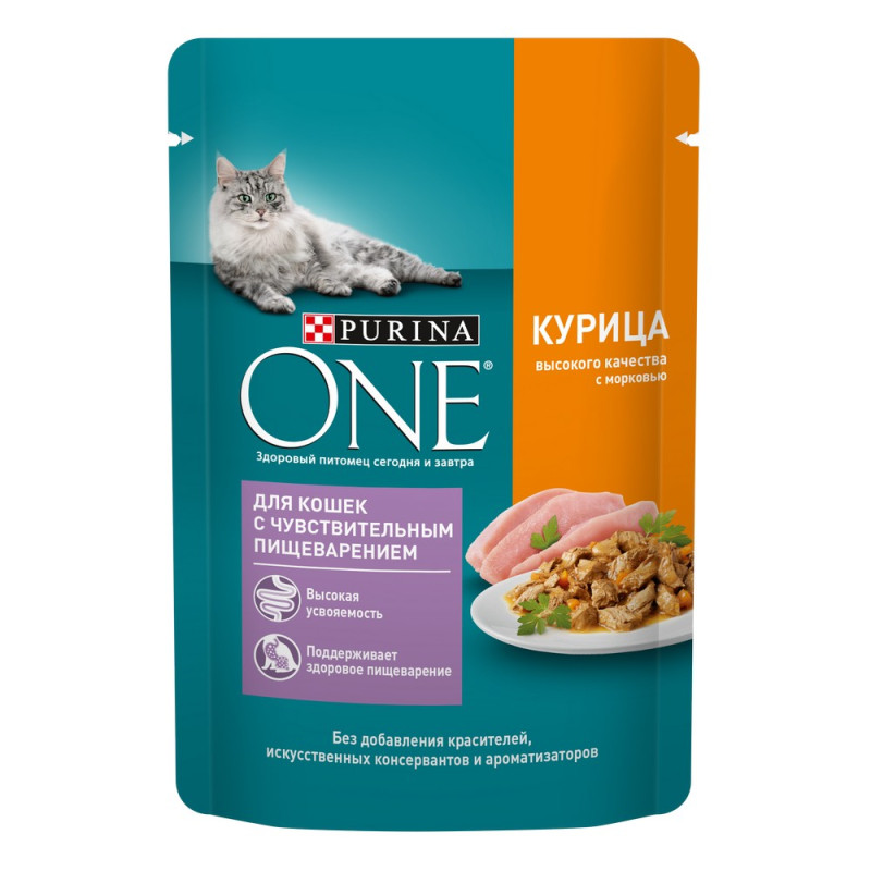 Purina ONE® Sensitive Влажный корм (пауч) для взрослых кошек с чувствительным пищеварением, с курицей и морковью в соусе, 75 гр.