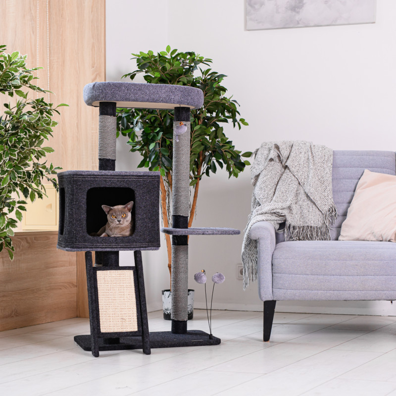 Petmax Дом-когтеточка (58х40х110,5 см) с лежанкой и подвесными игрушками для кошек