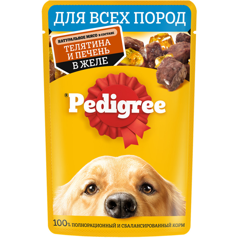 Pedigree Корм влажный (пауч) для собак, телятина и печень в желе, 85 гр.