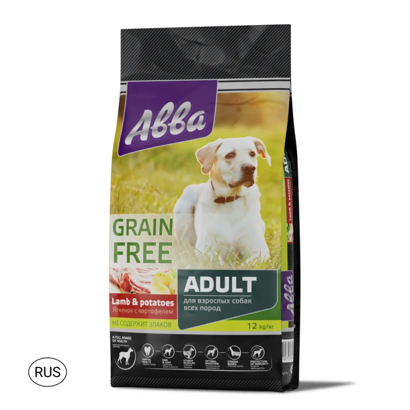 Aвва Grain Free Сухой корм беззерновой для взрослых собак всех пород, с ягнёнком и картофелем, 12 кг