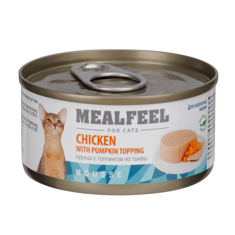 Mealfeel Влажный корм (консервы) для кошек, мусс из курицы с топпингом из тыквы, 85 гр.