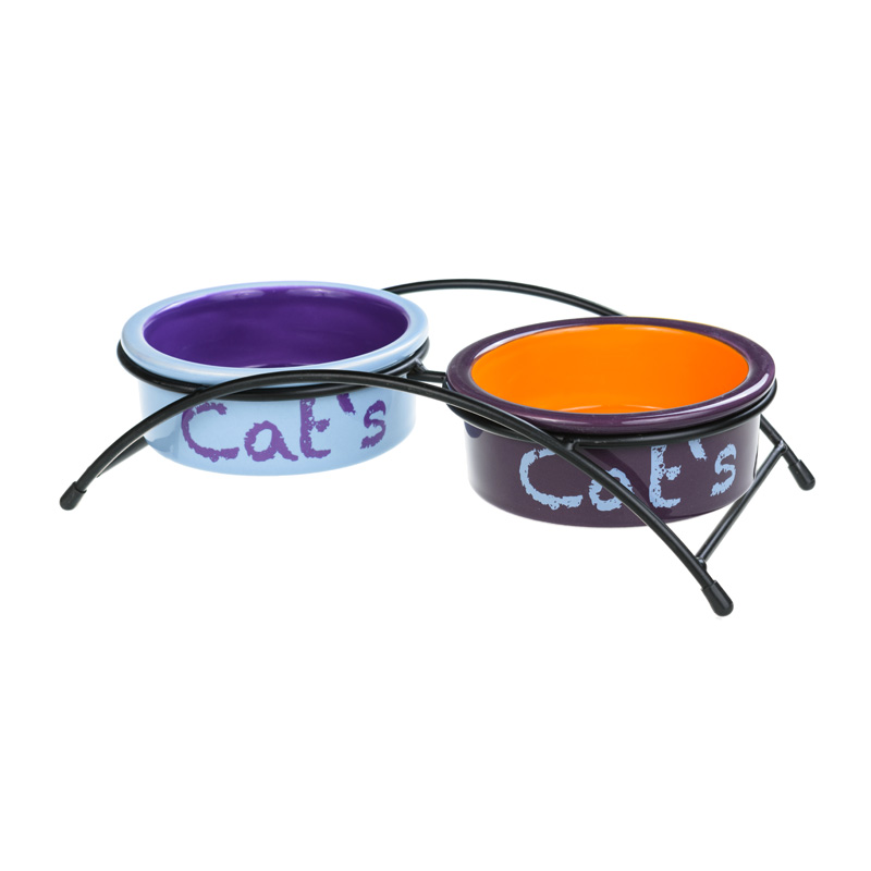 Petmax Миска керамическая двойная на подставке для кошек, 2x300 мл, сине-оранжевая
