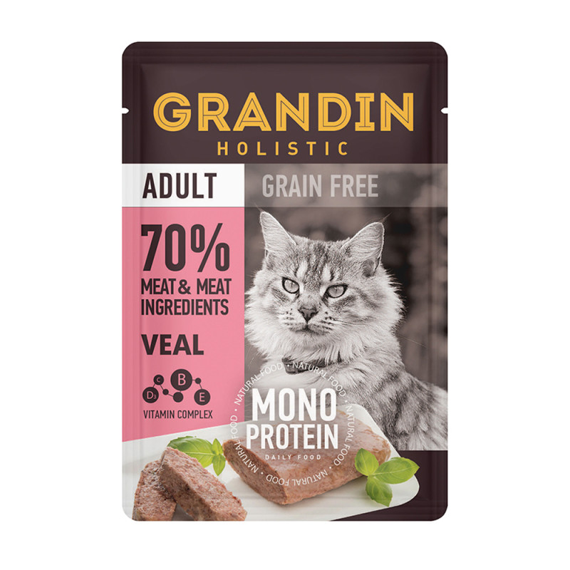 Grandin Adult Grain free Monoprotein Влажный корм (пауч) для взрослых кошек, патэ из нежного мяса телятины в желе, 85 гр.