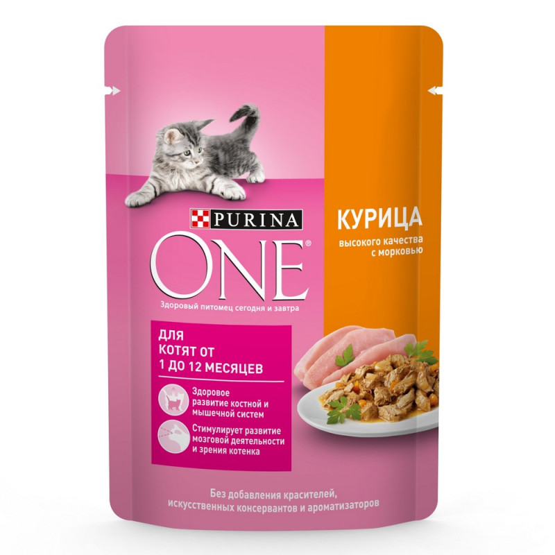 Purina ONE® Kitten Влажный корм (пауч) для котят от 1 до 12 месяцев, с курицей и морковью в соусе, 75 гр.