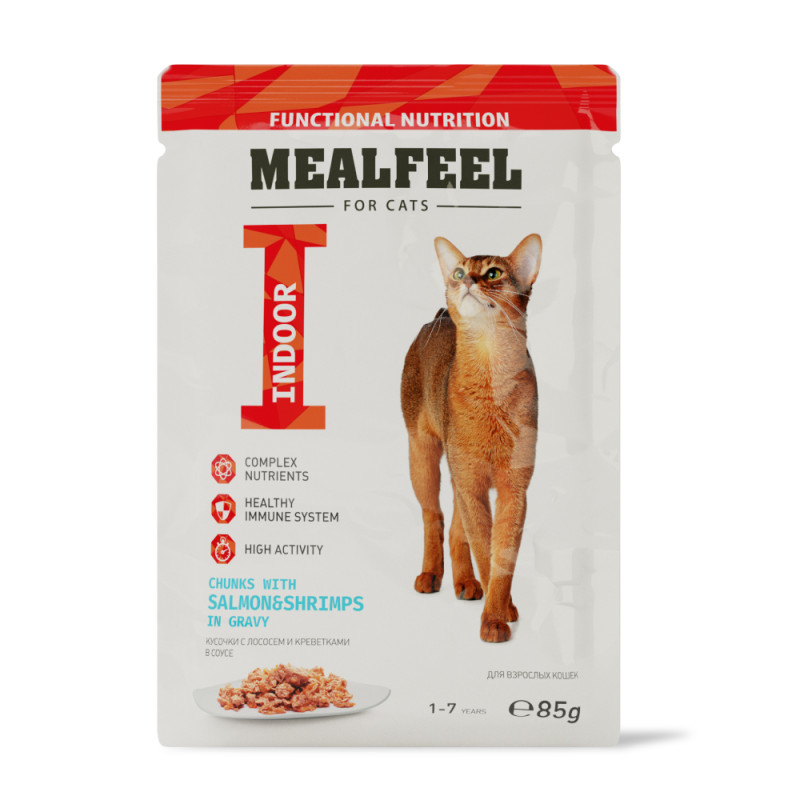 Mealfeel Functional Nutrition Влажный корм (пауч) для взрослых кошек, лосось и креветки в соусе с кусочками куриного филе, 85 гр.