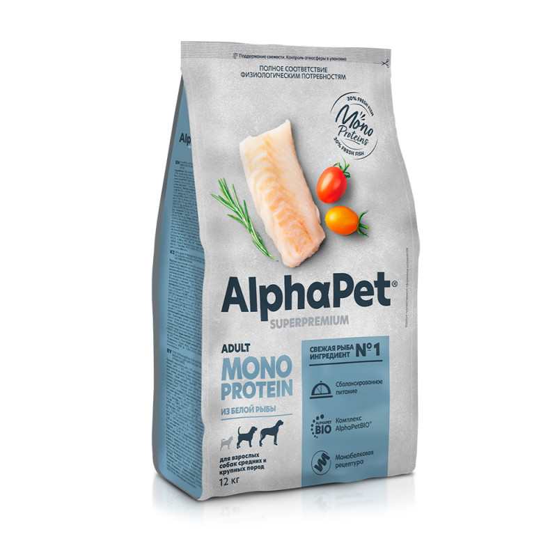 AlphaPet Adult Monoprotein Сухой корм для собак средних и крупных пород, белая рыба, 12 кг