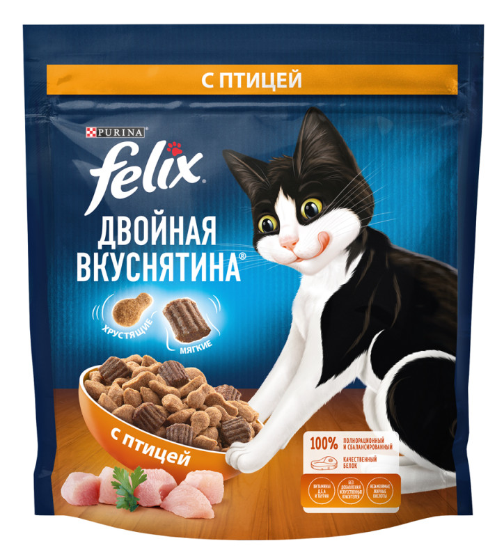 Felix Двойная Вкуснятина сухой корм для взрослых кошек для взрослых кошек с птицей, 600 г