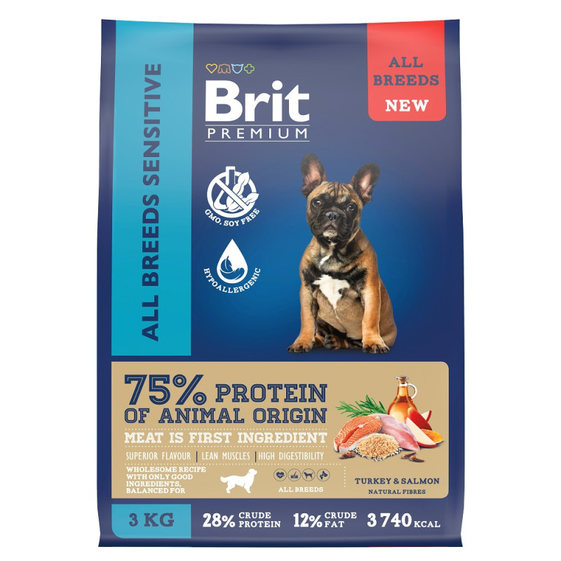 Brit Премиум Сухой корм для собак с чувствительным пищеварением, лосось и индейка, 3 кг