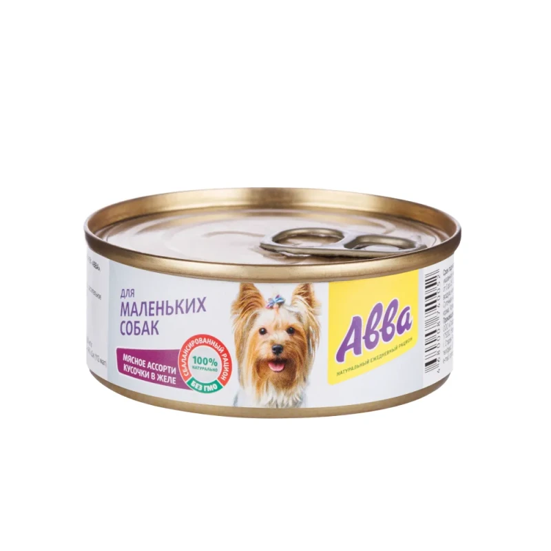 Aвва Влажный корм (консервы) для маленьких собак, с кусочками мясного ассорти в желе, 100 гр.