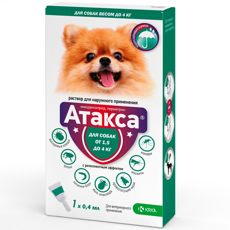 KRKA Атакса Капли на холку для собак весом от 1,5 до 4 кг от блох и клещей, 1 пипетка