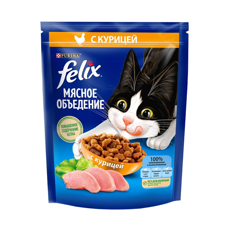 Felix Мясное объедение сухой корм для взрослых кошек с курицей, 200 г