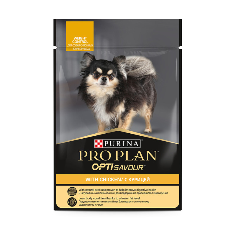 PRO PLAN® Opti Savour Влажный корм (пауч) для взрослых собак мелких и карликовых пород при склонности к набору веса, с курицей в соусе, 85 гр.