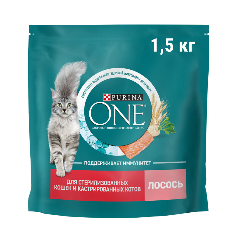 Purina ONE® Sterilised Сухой корм для взрослых стерилизованных кошек и кастрированных котов, с лососем и пшеницей, 1,5 кг