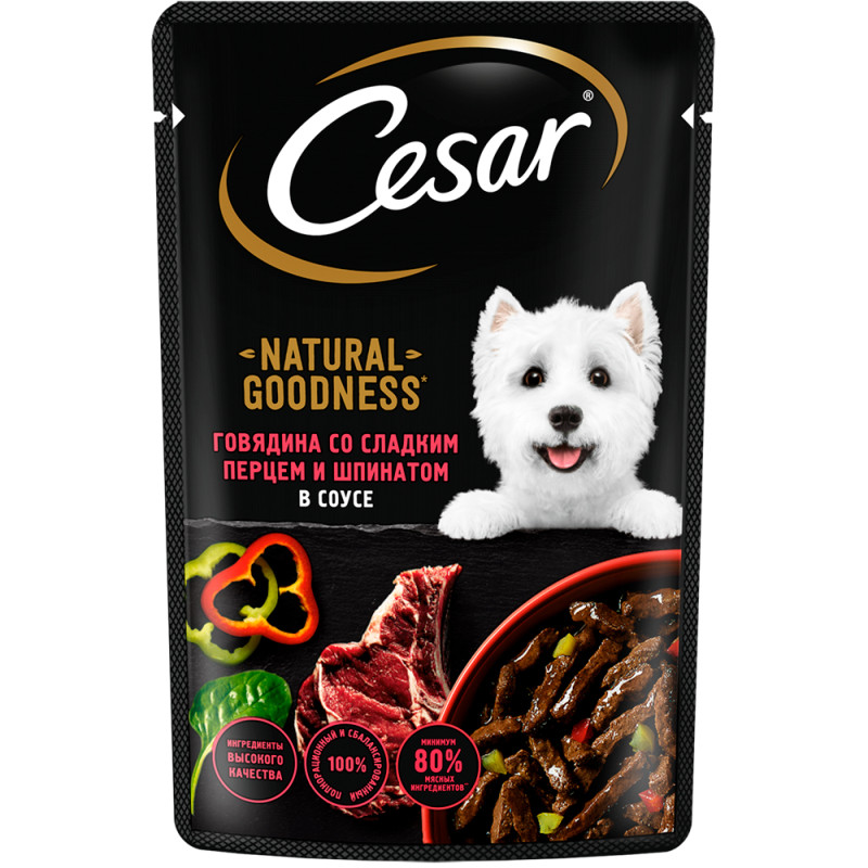 Cesar Влажный корм (пауч) для собак, говядина, паприка и шпинат в соусе, 80 гр.