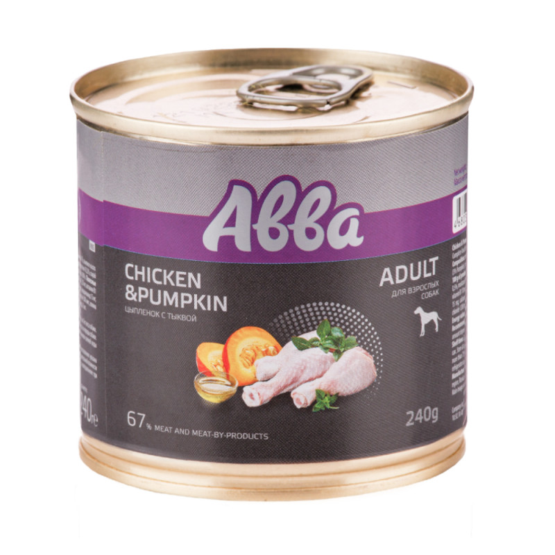 Aвва Adult Консервы для взрослых собак всех пород, цыпленок и тыква, 240 гр.