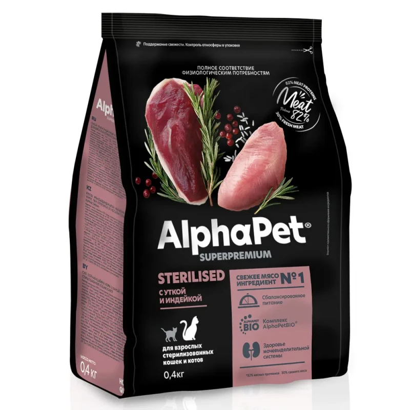 AlphaPet Сухой корм для стерилизованных кошек с уткой и индейкой, 400 г