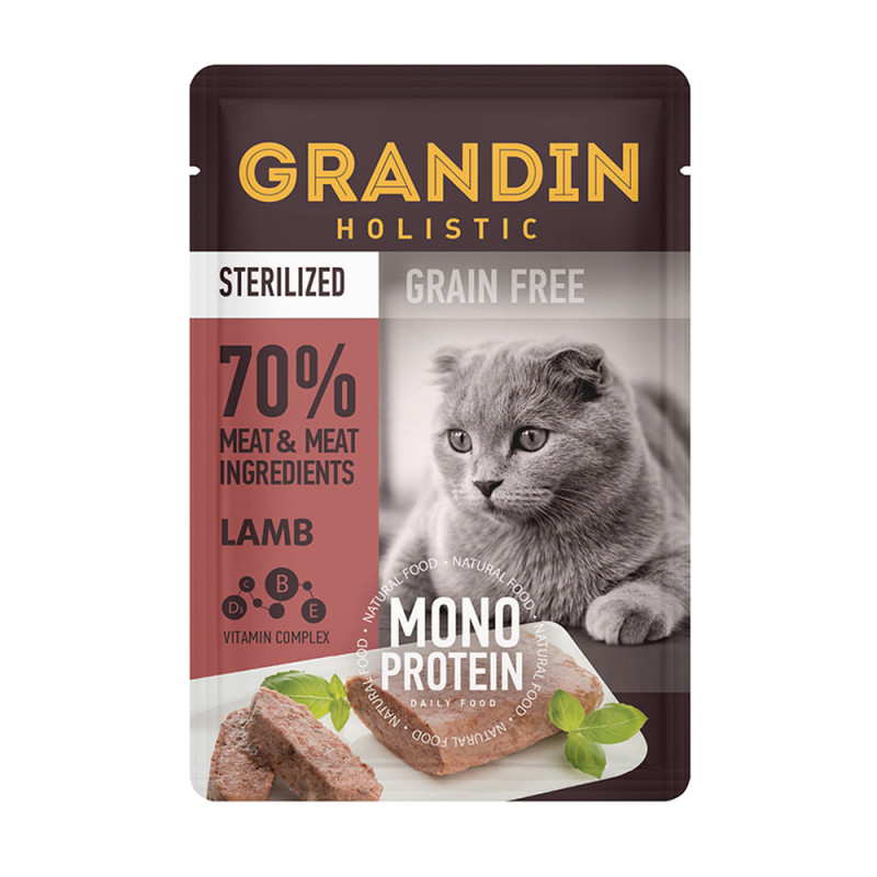 Grandin Sterilized Grain free Monoprotein Влажный корм (пауч) для взрослых стерилизованных кошек, патэ из нежного мяса ягненка в желе, 85 гр.