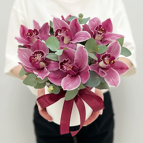 ЛЭТУАЛЬ FLOWERS Орхидеи с эвкалиптом в шляпной коробке Ягодный мусс / букет из орхидей