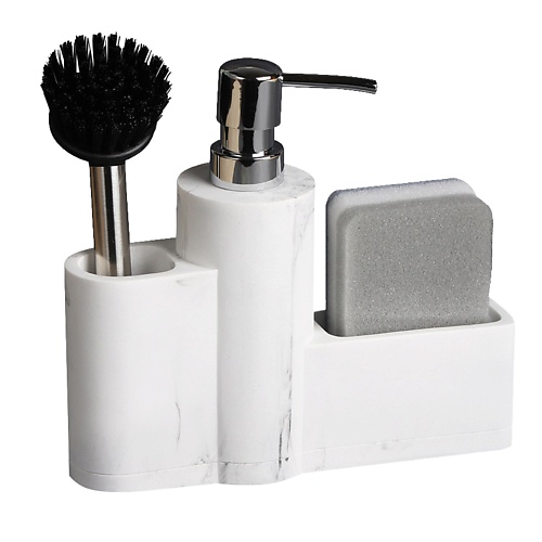 DENEZO Дозатор для моющего средства и мыла с подставкой для губки, губкой и щеткой "Grand"
