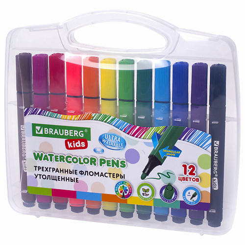 BRAUBERG Фломастеры трехгранные, утолщенные, ультрасмываемые KIDS 12