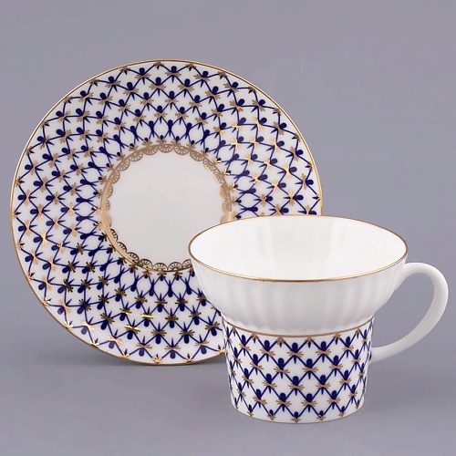 ИМПЕРАТОРСКИЙ ФАРФОРОВЫЙ ЗАВОД Чашка с блюдцем кофейная "Кобальтовая сетка"