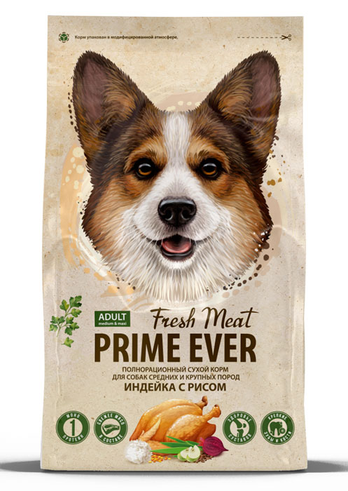 Prime Ever Fresh Meat Adult Dog Medium&Maxi Индейка с рисом полнорационный сухой корм для взрослых собак средних и крупных пород 12 кг