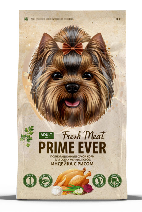 Сухой корм для собак мелких пород Prime Ever Fresh Meat Adult Dog Mini Индейка с рисом полнорационный 7 кг