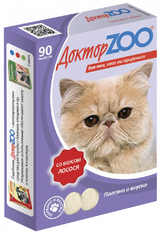 Витаминно-минеральная добавка для кошек Doctor Zoo со вкусом лосося таблетки 90 таб.