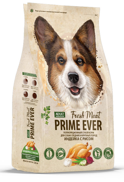 Prime Ever Fresh Meat Adult Dog Medium&Maxi Индейка с рисом полнорационный сухой корм для взрослых собак средних и крупных пород 2,8 кг