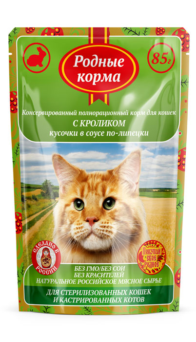 Влажный корм для кошек Родные Корма с кроликом кусочки в соусе по-липецки 0,085 кг