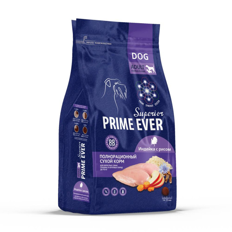 Сухой корм для собак средних и крупных пород Prime Ever Superior Adult Medium & Maxi Индейка с рисом 0,9 кг