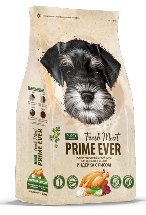 Сухой корм для щенков с 1 месяца Prime Ever Fresh Meat Puppy Индейка с рисом полнорационный 2,8 кг