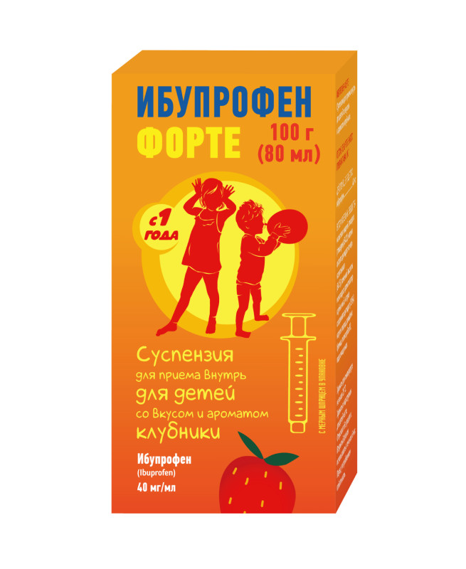 Ибупрофен Форте сусп. для пр.внутрь для дет. Клубника фл. 40мг/мл 80мл+шприц