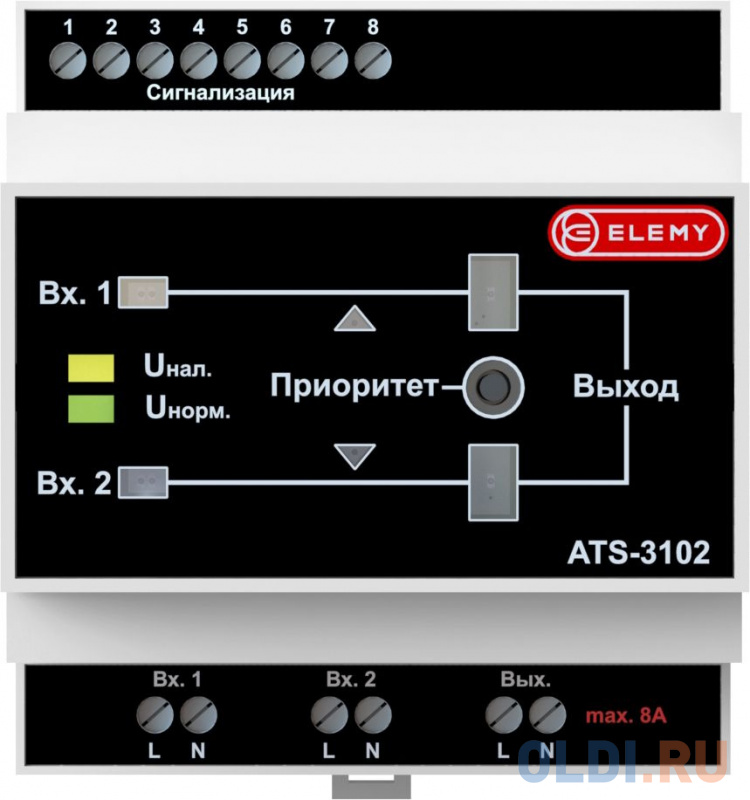 АВР Elemy ATS-3102 4DIN ввод:2xвинтовая клема выход:1xвинтовая клема8A серый