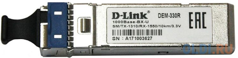 Модуль D-Link  330R/10KM/A1A WDM SFP-трансивер с 1 портом 1000Base-BX-U (Tx:1310 нм, Rx:1550 нм) для одномодового оптического кабеля (до 10 км)