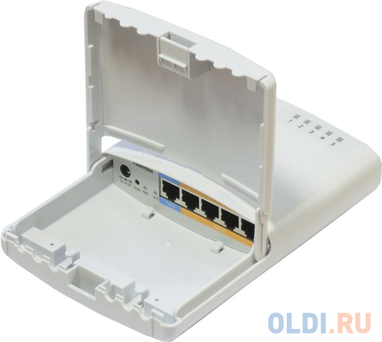 Маршрутизатор MikroTik RB750P-PBr2 PowerBOX  with 650MHz CPU, 64MB RAM, 5xLAN (four with PoE out), RouterOS L4, outdoor case, PSU, PoE, mounting set
