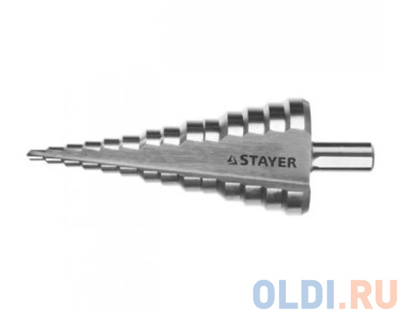 Сверло STAYER "MASTER" ступенчатое по сталям и цвет.мет., сталь HSS, d=4-12мм,5ступ.d 4-6-8-10-12,L-65мм, шестигран.хвост.1/4"
