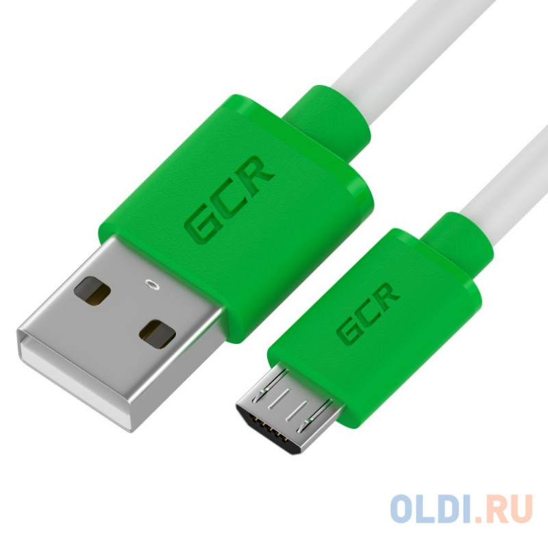 GCR QC Кабель 1.5m MicroUSB, быстрая зарядка, зеленый TPE, белые коннекторы, 28/22 AWG, GCR-52459