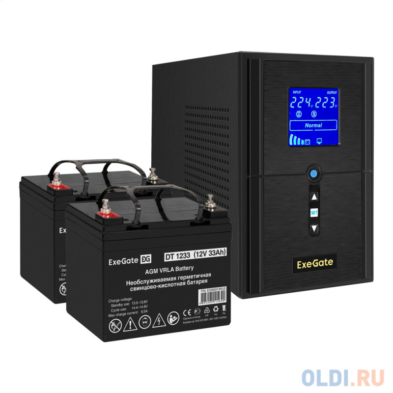 Комплект ИБП EX295987RUS + батарея 33Aч EX282974RUS 2шт (инвертор, синус, для котла) ExeGate SineTower SZ-1000.LCD.AVR.2SH.1C13.USB <1000VA/800W, ч