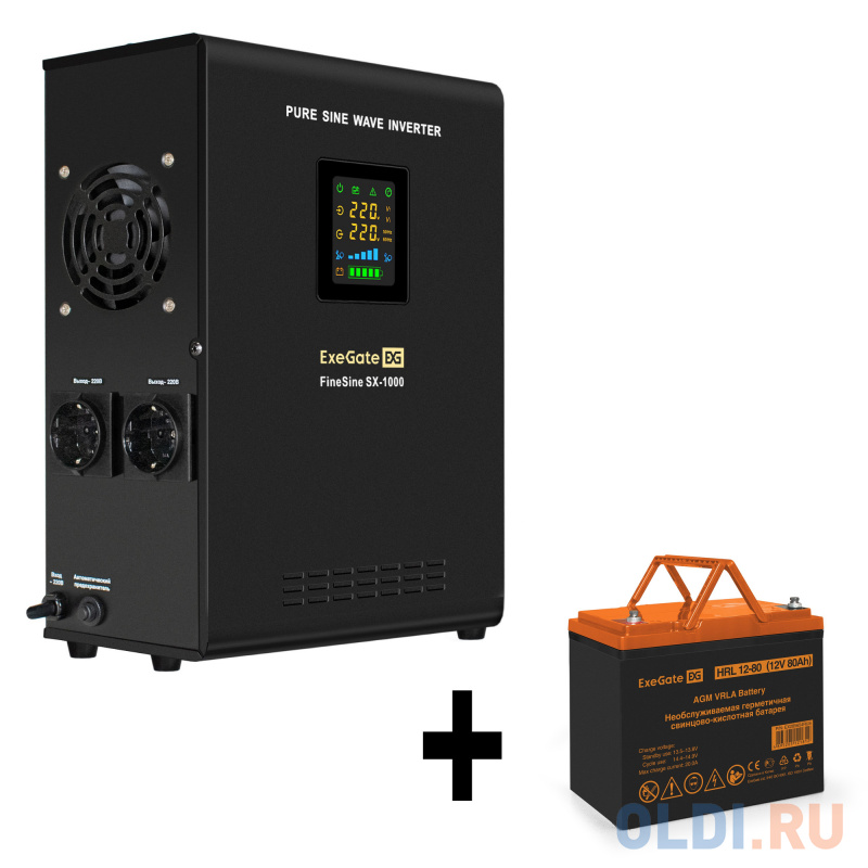 Комплект ИБП EX295997RUS + батарея 80Aч EX285654RUS 1шт (инвертор, синус, для котла, настенный) ExeGate FineSine SX-1000.LCD.AVR.2SH <1000VA/600W,