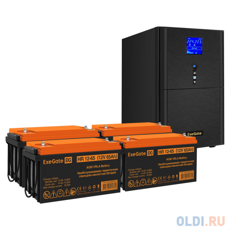 Комплект ИБП EX295990RUS + батарея 65Aч EX282982RUS 4шт (инвертор, синус, для котла) ExeGate SineTower SZ-3000.LCD.AVR.3SH.1C13.RJ.USB <3000VA/2400