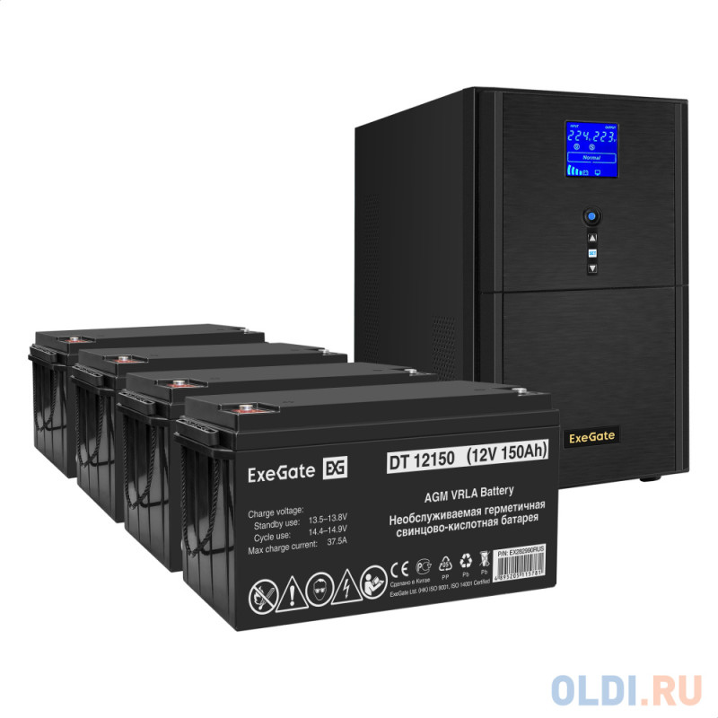 Комплект ИБП EX295991RUS + батарея 150Aч EX282990RUS 4шт (инвертор, синус, для котла) ExeGate SineTower SZ-5000.LCD.AVR.2SH.1C13.T.RJ.USB <5000VA/4