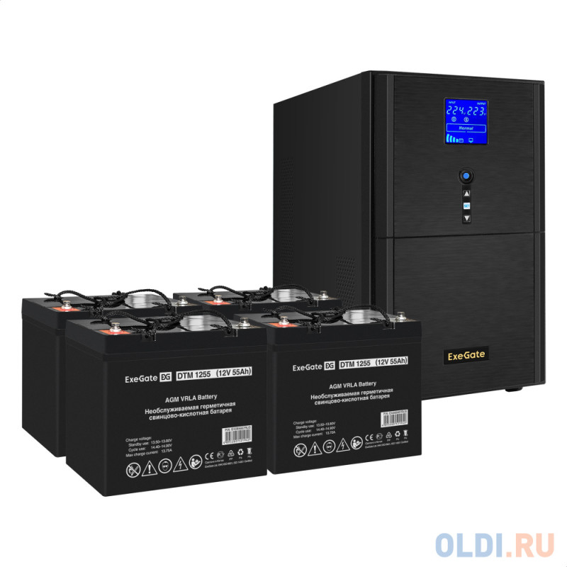 Комплект ИБП EX295991RUS + батарея 55Aч EX285667RUS 4шт (инвертор, синус, для котла) ExeGate SineTower SZ-5000.LCD.AVR.2SH.1C13.T.RJ.USB <5000VA/40