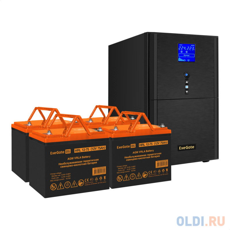 Комплект ИБП EX295990RUS + батарея 75Aч EX285653RUS 4шт (инвертор, синус, для котла) ExeGate SineTower SZ-3000.LCD.AVR.3SH.1C13.RJ.USB <3000VA/2400